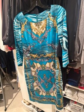 Yoana Baraschi Turquoise and Gold Baroque Sheath Dress